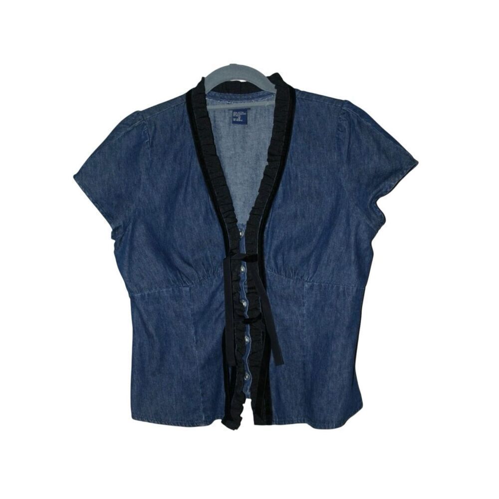 BOSTON PROPER Cotton Denim Blouse Size 12 * Runs Small-  black ruffle trim